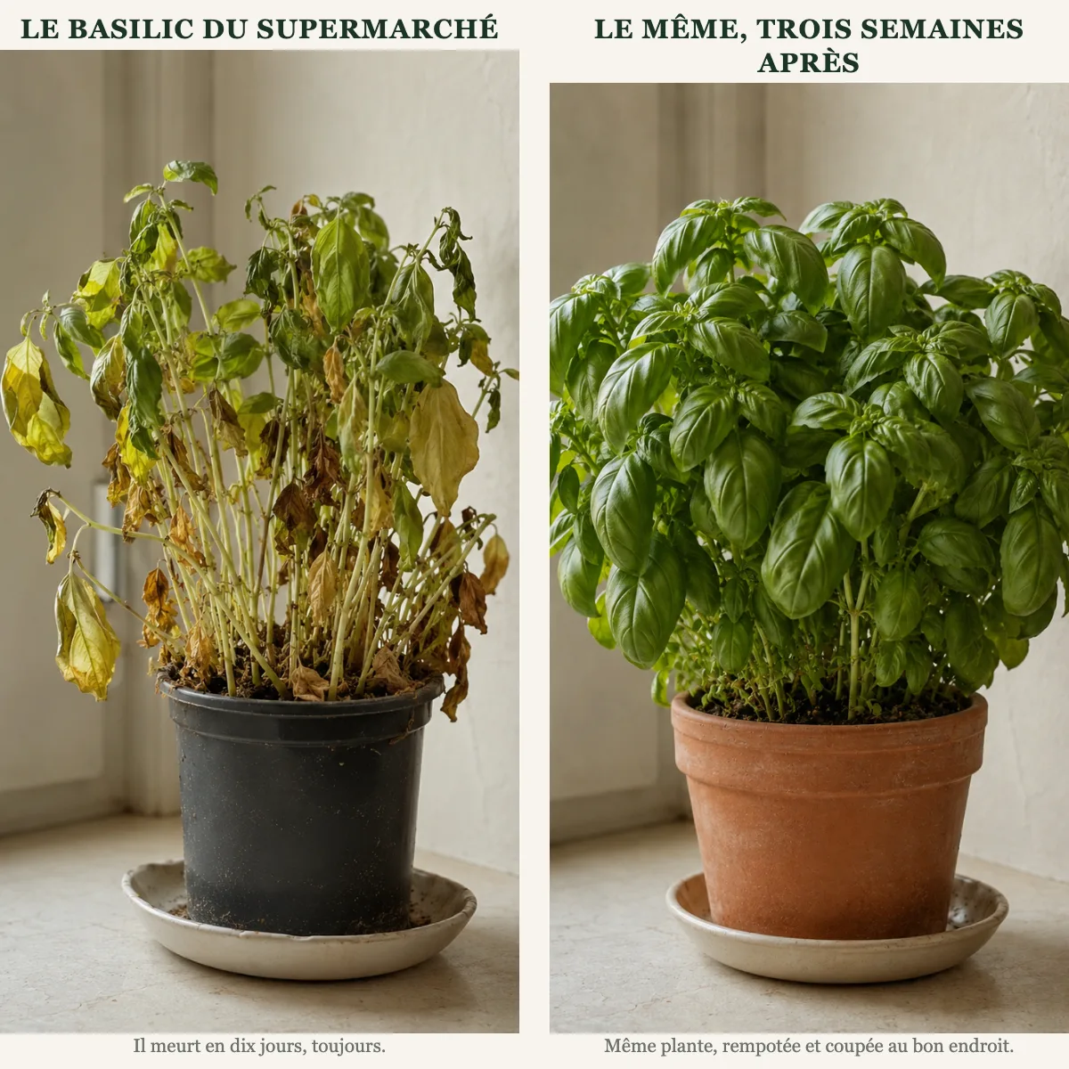 Le basilic du supermarché et Le même, trois semaines après