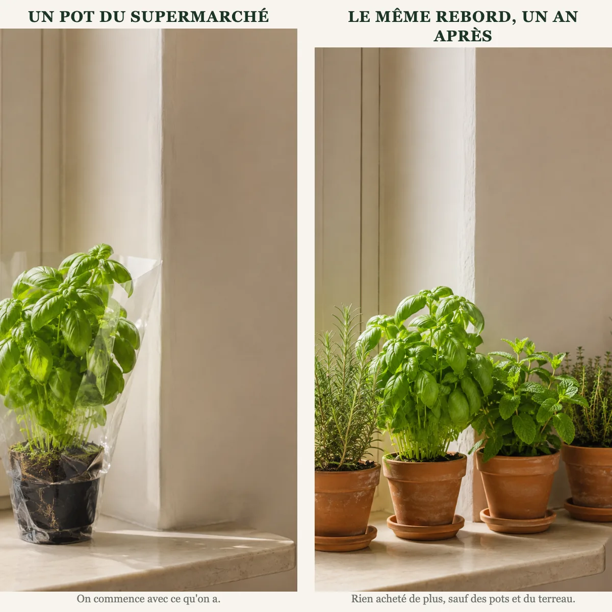 Un pot du supermarché et Le même rebord, un an après