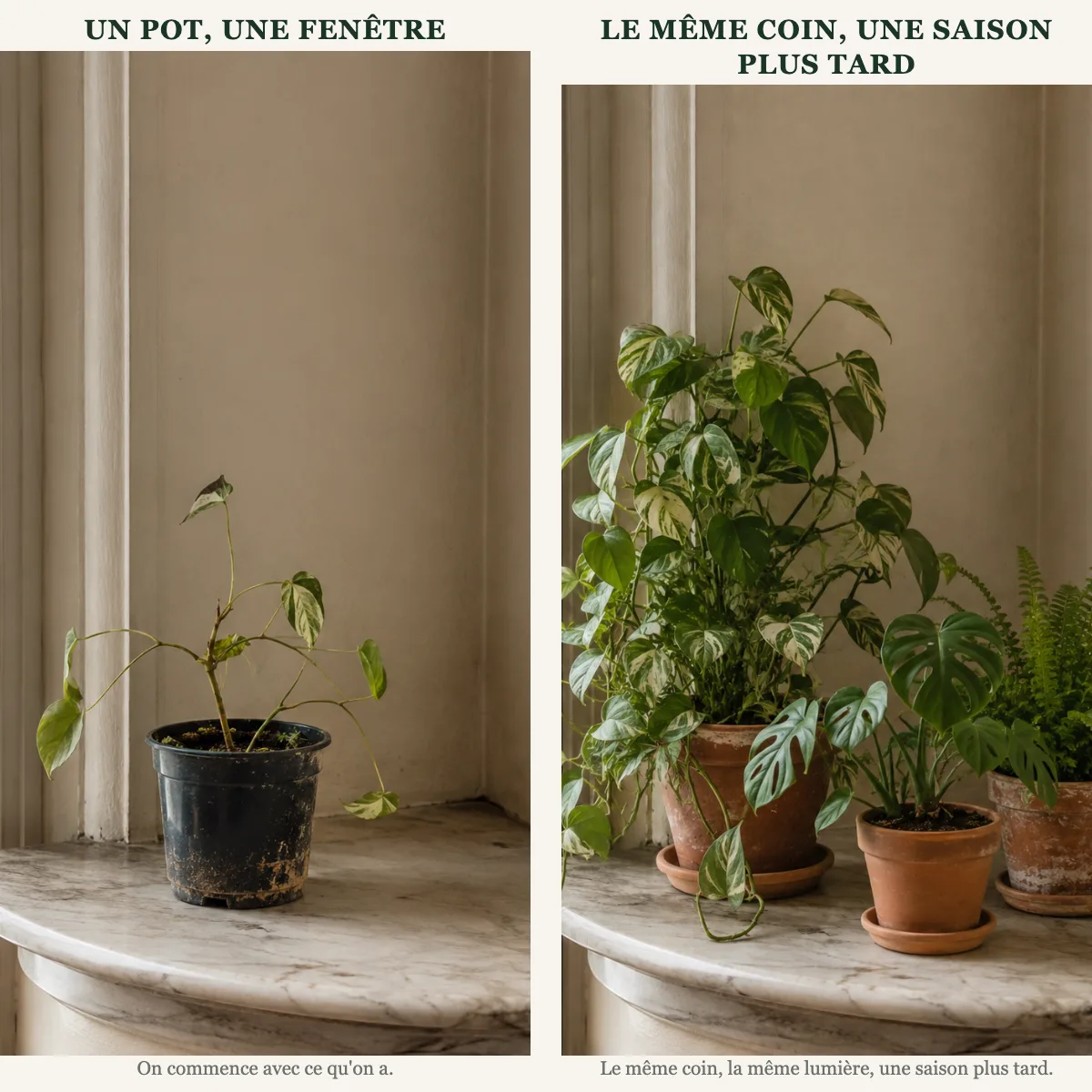 Le même coin d'appartement avant et après une saison