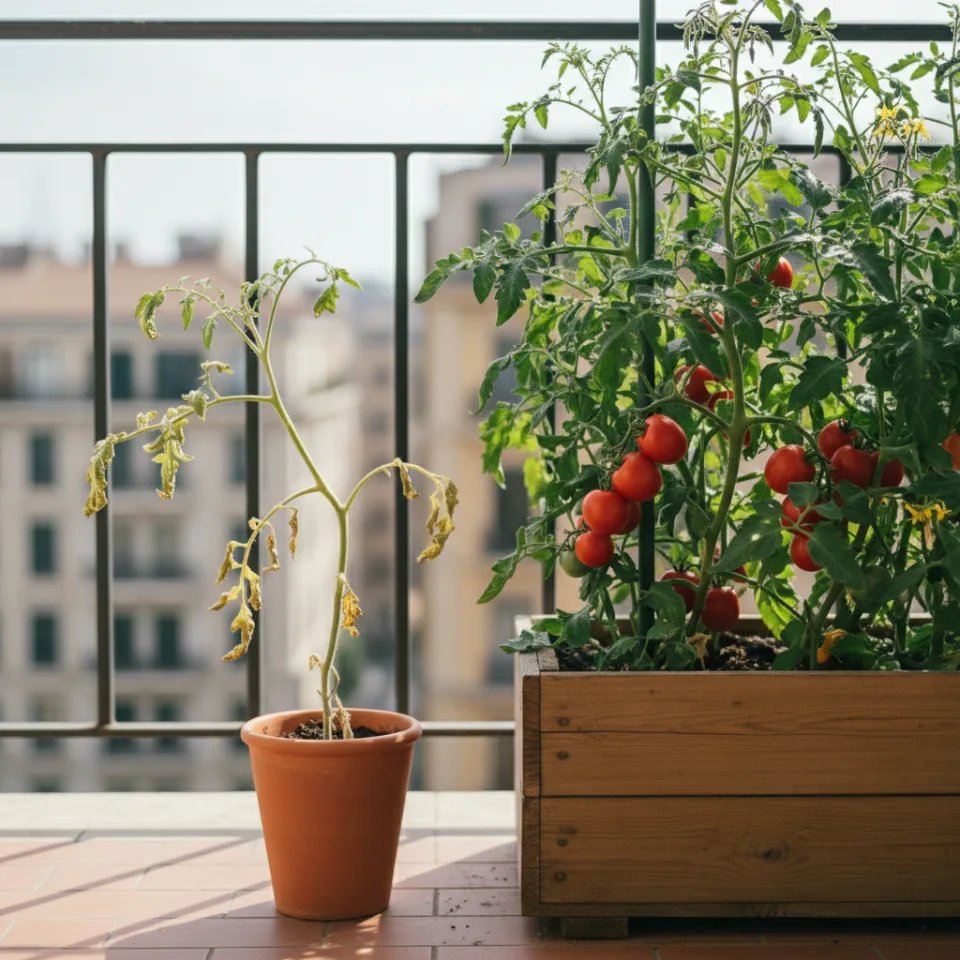 Le même plant, le même jour : à gauche dix litres, à droite quarante