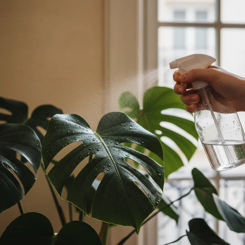 Une main qui brumise le feuillage d'une plante d'intérieur