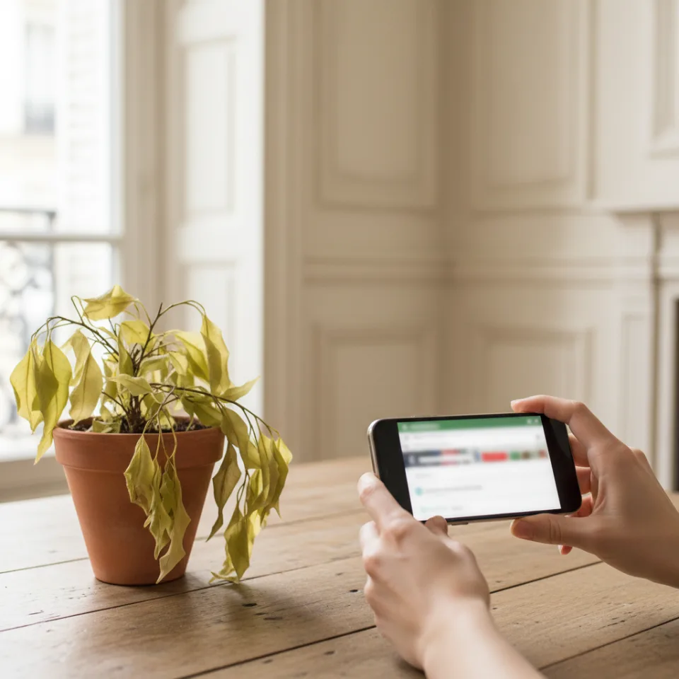 Un téléphone qui affiche une recherche, à côté d'une plante malade