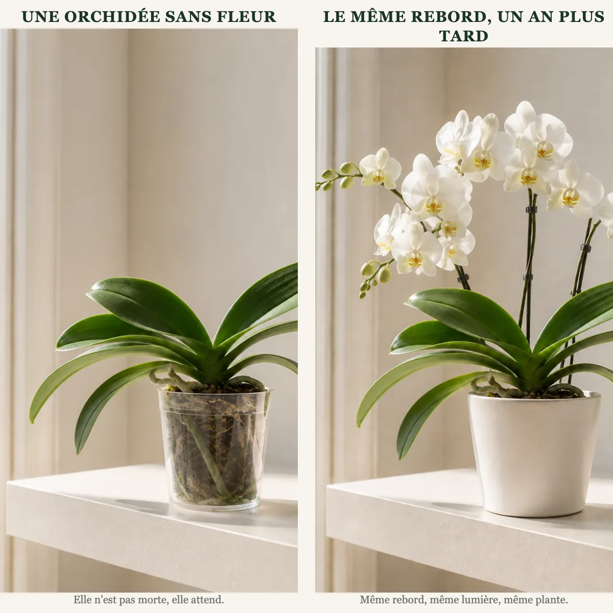 Une orchidée sans fleur et Le même rebord, un an plus tard
