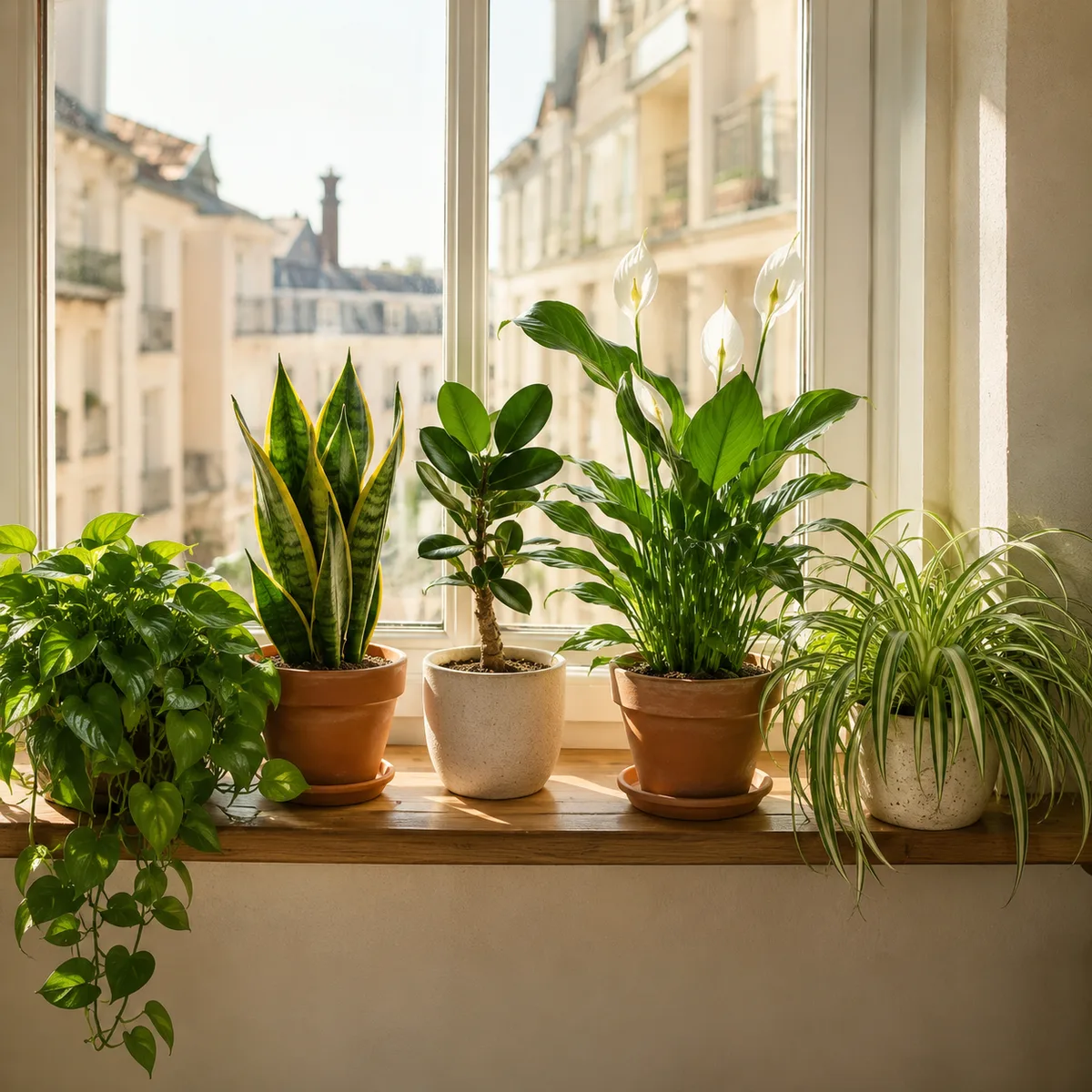 Un rebord de fenêtre avec cinq plantes d'intérieur en pleine santé