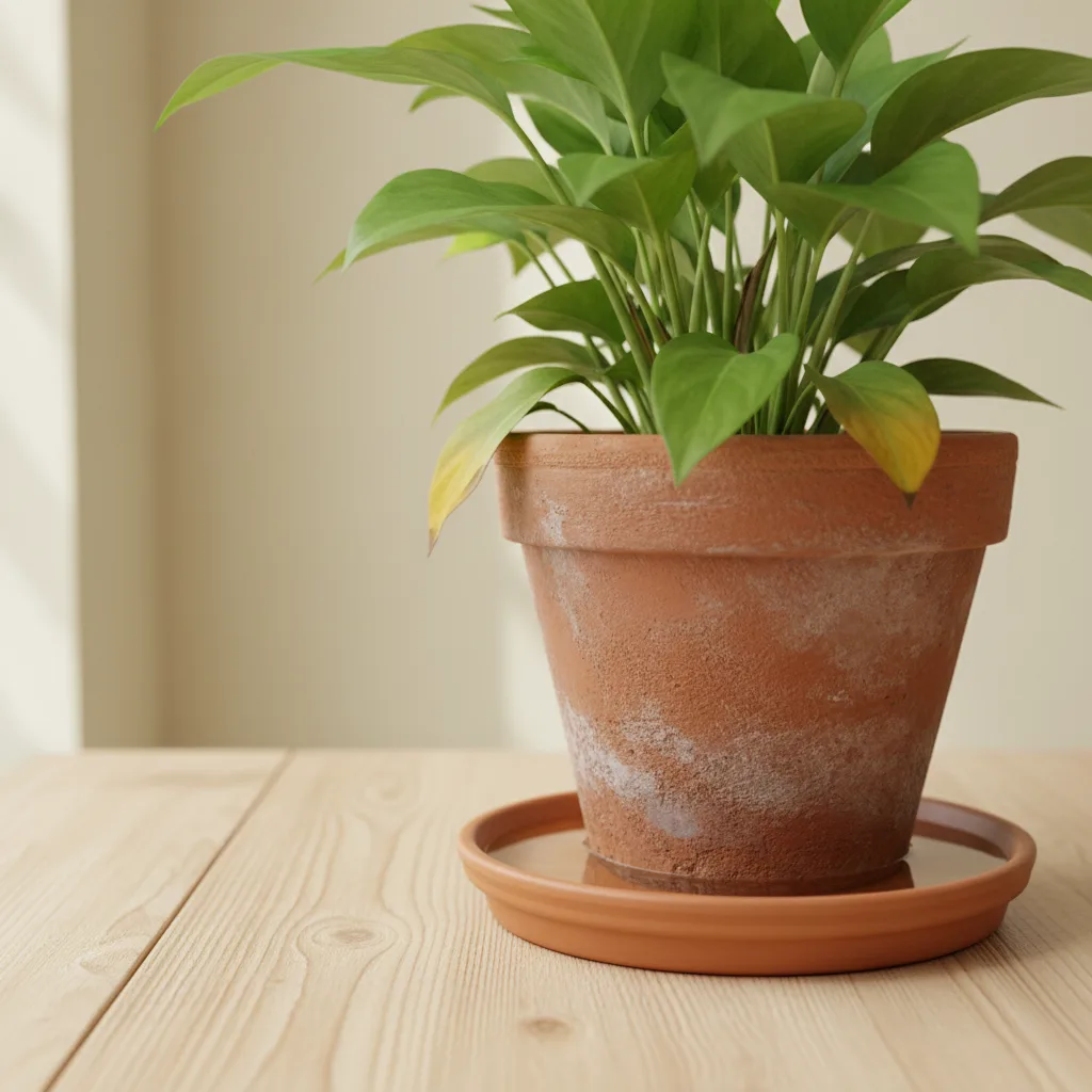 Une soucoupe pleine d'eau sous un pot de terre cuite